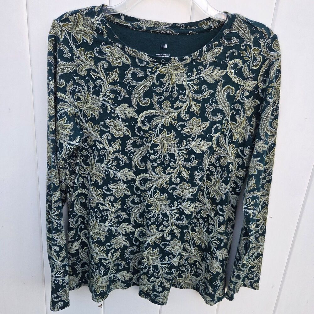 J. JILL Long Sleeve Pima Crew Neck Tee Pima Cotton Floral Green Size M